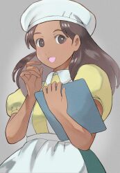 Rule 34 | 1girl, :d, absurdres, apron, blouse, bright pupils, brown eyes, brown hair, clipboard, commentary, curled fingers, dark-skinned female, dark skin, fushigi no umi no nadia, green skirt, grey background, hair behind ear, hat, highres, holding, holding clipboard, ikolina (nadia), k katora, light blush, long hair, looking at viewer, mob cap, open mouth, puffy short sleeves, puffy sleeves, shirt, short sleeves, simple background, skirt, smile, solo, upper body, w arms, white apron, white hat, white pupils, yellow shirt
