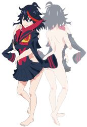 Rule 34 | :3, absurdres, ass, barefoot, black hair, blue eyes, butt crack, enzeru, highres, kill la kill, looking to the side, matoi ryuuko, multicolored clothes, multicolored hair, nude, rear-view mirror, red hair, senketsu, short hair, shoulder blades, smile, uniform