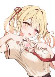 Rule 34 | 1girl, absurdres, black choker, blonde hair, choker, commentary, hair ribbon, hands up, heart, heart-shaped pupils, heart hands, heterochromia, highres, hoshikawa sara, looking at viewer, necktie, nijisanji, open mouth, orange eyes, partially unbuttoned, red eyes, red necktie, red ribbon, ribbon, shirt, shirt tucked in, short hair, short sleeves, simple background, smile, solo, symbol-shaped pupils, totuoooo1015, upper body, virtual youtuber, white background, white shirt