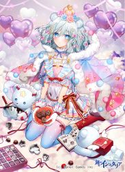 Rule 34 | 1girl, age of ishtaria, animal ear fluff, animal ears, balloon, blue cloak, blue eyes, blue flower, blue hair, blue rose, blue thighhighs, blush, book, boots, bow, candy, character request, chocolate, chocolate heart, cloak, commentary request, copyright name, copyright notice, crown, dress, flower, food, fur-trimmed cloak, fur-trimmed hood, fur trim, gambe, gloves, gradient legwear, hair between eyes, hair bow, hair flower, hair ornament, heart, heart balloon, heart hair ornament, highres, hood, hood down, hooded cloak, looking at viewer, mini crown, official art, open book, parted lips, pink bow, pink cloak, pink flower, pink rose, pink thighhighs, red footwear, rose, short sleeves, sitting, solo, stuffed animal, stuffed toy, teddy bear, thick eyebrows, thighhighs, thighhighs under boots, wariza, white dress, white gloves