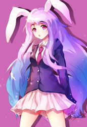 Rule 34 | 1girl, :o, animal ears, blazer, blouse, blush, drop shadow, highres, inaba mob (touhou), jacket, long hair, looking at viewer, mayonaka taruho, necktie, open mouth, pleated skirt, purple eyes, purple hair, rabbit ears, reisen udongein inaba, shirt, signature, simple background, skirt, solo, touhou, triangle mouth, very long hair
