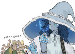 Rule 34 | 1boy, 1girl, :d, blue eyes, blue hair, blue headwear, blush, closed mouth, colored skin, dress, elden ring, embarrassed, english text, extra arms, extra faces, godrick the grafted, grey skin, hat, highres, jewelry, joints, multiple rings, neck ribbon, notice lines, one eye closed, open mouth, pun, ranni the witch, ribbon, ring, shawn ger lin, shawnger, simple background, smile, sweat, nervous sweating, white background, white dress, white ribbon, witch hat