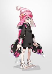 Rule 34 | 1girl, bad id, bike shorts, black coat, black shorts, blunt bangs, bobblehat, closed mouth, coat, commentary, dual wielding, full body, grey background, hat, hiking sandals, holding, holding weapon, hood, hooded coat, ink tank (splatoon), inkling, inkling girl, inkling player character, long sleeves, looking at viewer, neco, nintendo, pink eyes, pink hair, pink hat, pointy ears, sandals, shadow, shorts, simple background, smile, solo, splatoon (series), splatoon 2, standing, sweater, tentacle hair, tetra dualies (splatoon), weapon, white footwear, white sweater