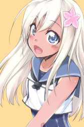 Rule 34 | 1girl, blue eyes, blush, collarbone, commentary request, crop top, flower, hair between eyes, hair flower, hair ornament, kantai collection, long hair, looking at viewer, mikagami sou, neckerchief, one-piece swimsuit, one-piece tan, open mouth, ro-500 (kancolle), sailor collar, school swimsuit, simple background, smile, solo, standing, swimsuit, swimsuit under clothes, tan, tanline, white hair, yellow background