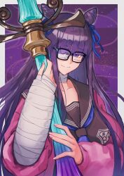 Rule 34 | 1girl, artist request, bandages, blush, breasts, eyewear strap, fate/grand order, fate (series), glasses, highres, jacket, large breasts, long hair, looking at viewer, murasaki shikibu (fate), murasaki shikibu (swimsuit rider) (fate), murasaki shikibu (swimsuit rider) (second ascension) (fate), pink jacket, purple eyes, purple hair, smile, v over eye