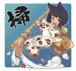 Rule 34 | 1girl, :d, animal ears, autumn leaves, bamboo broom, black hair, broom, brown eyes, brown footwear, commentary request, fang, floral print, fox ears, fox girl, fox tail, full body, holding, holding broom, japanese clothes, kimono, kitsune, kukuri (mawaru), leaf, long sleeves, looking at viewer, maple leaf, mawaru (mawaru), open mouth, original, print kimono, sandals, smile, solo, sweeping, tail, thick eyebrows, translation request, white kimono, wide sleeves, zouri