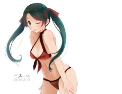 Rule 34 | 10s, 1girl, ;p, bikini, black hair, breasts, cleavage, green eyes, halterneck, halterneck, highres, kantai collection, mikuma (kancolle), one eye closed, red bikini, simple background, solo, swimsuit, tebi (tbd11), tongue, tongue out, twintails