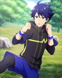 Rule 34 | 1boy, ahoge, blue eyes, blue hair, blue shorts, clenched hands, grass, hood, hoodie, idolmaster, idolmaster side-m, idolmaster side-m growing stars, male focus, official art, outdoors, parted lips, shorts, solo, taiga takeru, third-party source, wristband, zipper