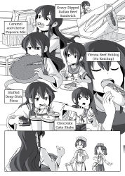 Rule 34 | 10s, admiral (kancolle), akagi (kancolle), bag, bucket, cake, color guide, comic, cup, drinking, drinking straw, eating, english text, closed eyes, food, fork, fubuki (kancolle), glasses, greyscale, hat, highres, hot dog, japanese clothes, kantai collection, knife, magatama, military, military hat, military uniform, monochrome, muneate, open mouth, pizza, pleated skirt, ponytail, popcorn, ryuujou (kancolle), sandwich, school uniform, serafuku, sixten, skirt, surprised, suspenders, thumbs up, tongs, twintails, uniform, visor cap