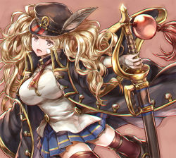 Rule 34 | 10s, 1girl, :d, artist name, ascot, bad id, bad pixiv id, black hat, blonde hair, blue skirt, boots, breasts, bridal gauntlets, cross print, doro (sabarudoro), granblue fantasy, grey eyes, hat, hat feather, holding, holding sword, holding weapon, jacket, large breasts, long hair, long sleeves, looking at viewer, miniskirt, monica (granblue fantasy), open mouth, orb, outstretched arm, peaked cap, pleated skirt, skirt, smile, solo, sword, tassel, thighhighs, twintails, weapon, wide sleeves