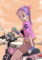 Rule 34 | 1girl, absurdres, arm support, bare legs, belt, blue gloves, blush, braid, braided ponytail, breasts, brown shorts, bulma, capsule corp, cloud, cloudy sky, day, desert, dragon ball, dragon ball (classic), dragon radar, dust, fanny pack, fingerless gloves, fingernails, gloves, hair ribbon, highres, holding, jacket, kajino (aosansai), light smile, looking away, medium breasts, midriff, mirror, motor vehicle, motorcycle, mountain, mountainous horizon, open clothes, open jacket, orange sky, outdoors, pink jacket, pink ribbon, purple eyes, purple hair, rear-view mirror, ribbon, sand, shaded face, shorts, sideboob, single braid, sitting, sky, solo, strapless, teeth, tube top, upper teeth only