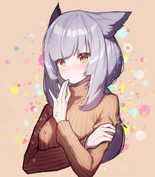 Rule 34 | 1girl, absurdres, arknights, beudelb, brown eyes, brown sweater, closed mouth, cropped torso, eyebrows hidden by hair, highres, long hair, long sleeves, looking at viewer, multicolored background, official alternate costume, owl ears, power symbol-shaped pupils, ptilopsis (arknights), silver hair, simple background, solo, sweater, symbol-shaped pupils, upper body, yellow background