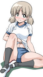 Rule 34 | 1girl, aki (girls und panzer), black socks, blue buruma, blush, bright pupils, buruma, butterfly sitting, closed mouth, clothes lift, commentary request, frown, full body, girls und panzer, green eyes, gym shirt, gym uniform, hair tie, highres, knee up, lifted by self, light brown hair, looking at viewer, low twintails, navel, ponzu rui, shadow, shirt, shirt lift, shoes, short hair, short sleeves, short twintails, simple background, sitting, socks, solo, t-shirt, twintails, uwabaki, white background, white footwear, white pupils, white shirt