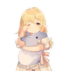 Rule 34 | 1girl, blonde hair, blush, braid, brown eyes, commentary request, dress, final fantasy, final fantasy xiv, highres, holding, holding stuffed toy, lalafell, long hair, looking at viewer, one eye closed, pointy ears, rubbing eyes, short sleeves, simple background, sleepy, solo, stuffed animal, stuffed toy, umika35, warrior of light (ff14), white background