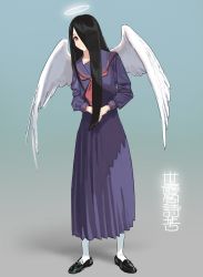 Rule 34 | 1girl, absurdres, angel wings, black footwear, black hair, blouse, closed mouth, commentary request, dot mouth, full body, hair over one eye, halo, highres, hiramedousa, loafers, long hair, long skirt, looking at viewer, making-of available, necktie, original, palms together, pleated skirt, purple sailor collar, purple shirt, purple skirt, red eyes, red necktie, sailor collar, school uniform, serafuku, shirt, shoes, skirt, solo, standing, translation request, very long hair, white legwear, white wings, wings
