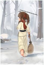 Rule 34 | 1girl, absurdres, ahoge, barefoot, belt, black belt, blue eyes, border, brown hair, chinese commentary, commentary request, commission, dougi, english text, feet, from behind, full body, highres, holding, holding sack, kuma-bound, martial arts belt, original, pants, pixiv commission, ponytail, red scarf, sack, scarf, snow, snowing, soles, solo, toes, tree, walking, white border, white pants, winter