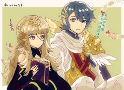 Rule 34 | 1boy, 1girl, alfonse (fire emblem), armor, blonde hair, blue eyes, blue hair, cape, closed mouth, crown, dress, fire emblem, fire emblem heroes, gloves, grey hair, hair ornament, highres, kiriya (552260), long hair, long sleeves, looking at viewer, multicolored hair, nintendo, open mouth, red eyes, scale armor, short hair, simple background, smile, veronica (fire emblem), white background