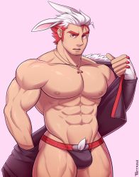 Rule 34 | 1boy, abs, animal ears, artist name, bara, facial hair, gloves, highres, jacket, jewelry, jockstrap, large pectorals, looking at viewer, male focus, male underwear, mature male, muscular, muscular male, navel, necklace, nipples, original, pectoral cleavage, pectorals, rabbit ears, red hair, terraxle, underwear, white hair