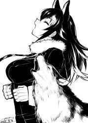 Rule 34 | 10s, 1girl, 2017, animal, animal ears, blazer, breasts, clenched hands, extra ears, closed eyes, from side, fur collar, grey wolf, grey wolf (kemono friends), greyscale, happa (cloverppd), howling, jacket, kemono friends, large breasts, long hair, looking up, monochrome, necktie, open mouth, profile, signature, sketch, wolf, wolf ears