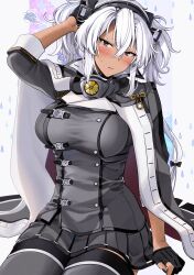 Rule 34 | 1girl, black nails, breasts, brown eyes, cape, commentary request, dark-skinned female, dark skin, gloves, grey cape, grey jacket, grey skirt, grey thighhighs, hair between eyes, hand in own hair, headgear, highres, jacket, kantai collection, large breasts, long hair, looking at viewer, military uniform, miniskirt, musashi (kancolle), musashi kai ni (kancolle), partially fingerless gloves, pleated skirt, rectangular eyewear, semi-rimless eyewear, simple background, sitting, skirt, solo, thighhighs, twintails, two side up, uniform, water drop, white hair, yunamaro