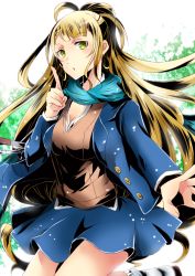 Rule 34 | 1girl, blazer, blonde hair, blue jacket, blue skirt, breasts, brown sweater, cleavage, divine gate, dress shirt, earrings, floating hair, green eyes, jacket, jewelry, leg up, long hair, long sleeves, looking at viewer, mady (madine08260), medium breasts, miniskirt, open clothes, open jacket, outstretched arm, shirt, skirt, solo, standing, sweater, very long hair, white legwear, white shirt