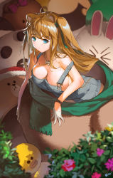 Rule 34 | 1girl, ahoge, animal ears, bear ears, blue eyes, blush, breasts, brown hair, bush, cleavage, gloves, hair ornament, highres, large breasts, long hair, looking at viewer, naked overalls, nike (nike1060), original, overall shorts, overalls, solo, strap slip, stuffed animal, stuffed duck, stuffed rabbit, stuffed toy, teddy bear, two side up, white gloves, wristband