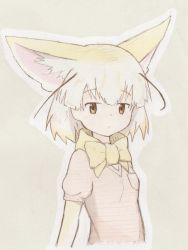 Rule 34 | 10s, 1girl, animal ears, blonde hair, bow, bowtie, breast pocket, brown eyes, fennec (kemono friends), fox ears, frown, highres, kemono friends, looking at viewer, muted color, pink sweater, pocket, short-sleeved sweater, short hair, short sleeves, solo, sweater, traditional media, uepon (shimo ponzu), upper body, yellow bow, yellow bowtie