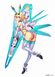 Rule 34 | 1girl, ahoge, animal ears, ass, bare shoulders, blonde hair, blue eyes, blush, boots, breasts, closed mouth, commentary request, elbow gloves, full body, gloves, hair ornament, high heels, highres, huge weapon, large breasts, leg up, looking at viewer, mecha musume, mechanical ears, mechanical wings, original, rabbit ears, shiny skin, short hair, simple background, sleeveless, smile, solo, sophia f shirring, sword, takamine nadare, thigh boots, weapon, white background, wings