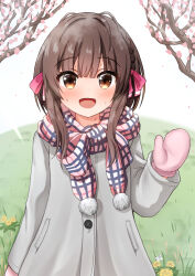 Rule 34 | 1girl, animal, blush, brown eyes, brown hair, bug, butterfly, cherry blossoms, coat, comiching, flower, grey coat, highres, insect, kantai collection, long sleeves, looking at viewer, mittens, official alternate costume, open mouth, pink mittens, pom pom (clothes), scarf, short hair with long locks, sidelocks, smile, solo, ukuru (kancolle), upper body, yellow flower