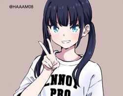 Rule 34 | 1girl, artist name, black hair, blue eyes, brown background, commentary request, haaam, long hair, low twintails, original, shirt, short sleeves, simple background, solo, t-shirt, twintails, twitter username, v, watermark, white shirt