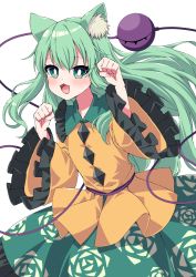 Rule 34 | :3, alternate hair length, alternate hairstyle, animal ear fluff, animal ears, aqua hair, arms up, blush, bright pupils, cat ears, commentary request, cowboy shot, floral print, frilled shirt collar, frilled sleeves, frills, green eyes, green skirt, highres, kemonomimi mode, komeiji koishi, long hair, long sleeves, looking at viewer, open mouth, paw pose, rose print, shirt, simple background, skirt, standing, third eye, touhou, tsukimirin, very long hair, white background, white pupils, wide sleeves, yellow shirt