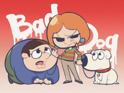 Rule 34 | 1girl, 2boys, all fours, anger vein, animal collar, blue sweater, brian griffin, brown hair, brown pants, candy, candy cane, collar, dog, earrings, family guy, fat, fat man, food, glasses, green pants, green shirt, highres, holding, holding leash, jewelry, leash, lois griffin, mouth hold, multiple boys, orange hair, pants, peter griffin, red shirt, round eyewear, shirt, striped clothes, striped shirt, sweater, tian niunai hezi, white dog