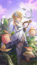Rule 34 | 1girl, absurdres, animal, bare shoulders, blonde hair, closed eyes, closed mouth, cloud, cloudy sky, commentary, day, detached sleeves, diamond (shape), dress, feet out of frame, flower, genshin impact, gold trim, hair flower, hair ornament, highres, holding, holding instrument, instrument, lumine (genshin impact), lunia, plant, purple sky, short hair, short hair with long locks, sky, solo, standing, symbol-only commentary, thighhighs, white dress, white flower, white sleeves, white thighhighs