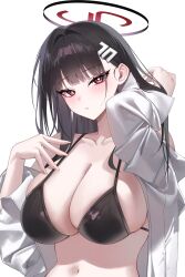 Rule 34 | 1girl, absurdres, arm up, bare shoulders, bikini, bikini top only, black hair, black halo, blue archive, blunt bangs, blush, breasts, bright pupils, cleavage, collarbone, commentary request, fingernails, hair ornament, hairclip, hairpin, halo, highres, korean commentary, large breasts, long hair, long sleeves, looking at viewer, navel, off shoulder, open clothes, open mouth, open shirt, raki kr, red eyes, rio (blue archive), shirt, simple background, skindentation, solo, swimsuit, upper body, very long hair, white background, white pupils, white shirt