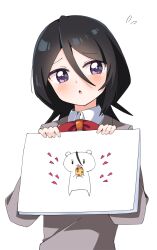 1girl :o black_hair bleach blush bow bowtie collared_shirt commentary_request commission doodle_inset double-parted_bangs flying_sweatdrops furrowed_brow grey_jacket hair_between_eyes hands_up haru_(konomi_150) highres holding holding_paper jacket kuchiki_rukia looking_at_viewer medium_hair open_mouth paper pixiv_commission purple_eyes red_bow red_bowtie school_uniform shirt simple_background solo upper_body white_background white_shirt