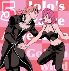 Rule 34 | 1boy, 1girl, aged up, black pants, blonde hair, breasts, choker, collarbone, commentary request, copyright name, giorno giovanna, hand grab, hetero, jojo no kimyou na bouken, kid (kidocchi), large breasts, long hair, long sleeves, looking at another, midriff, navel, pants, parted lips, pink hair, strapless, trish una, tube top, vento aureo