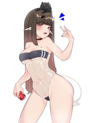 Rule 34 | 1girl, bare shoulders, black hair, black nails, blunt bangs, blush, breasts, can, cat, choker, coca-cola, covered navel, earrings, fox shadow puppet, gris swimsuit, highres, holding, holding can, jewelry, large breasts, long hair, looking at viewer, meme, meme attire, nail polish, navel, one-piece swimsuit, open mouth, original, pink eyes, pointy ears, see-through, see-through one-piece swimsuit, simple background, smile, swimsuit, tattoo, white background