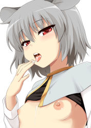 Rule 34 | 1girl, animal ears, blush, breasts, clothes lift, cum, cum in mouth, cum on body, cum on upper body, flat chest, grey hair, hijiri tsukasa, mouse ears, naughty face, nazrin, nipples, no bra, puffy nipples, red eyes, shirt lift, short hair, simple background, small breasts, solo, tongue, touhou, upper body