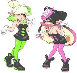 Rule 34 | 2girls, :d, :o, ankle boots, bare shoulders, black dress, black footwear, black hair, black jumpsuit, blush, boots, bow-shaped hair, breasts, callie (splatoon), cleavage, collar, commentary request, detached collar, dress, earrings, fangs, full body, gloves, gradient hair, green hair, green pantyhose, highres, inkling, jewelry, jumpsuit, long hair, marie (splatoon), medium breasts, medium hair, mole, mole under eye, multicolored hair, multiple girls, nintendo, open mouth, orange pupils, pantyhose, pero (pero7762), pink hair, pink pantyhose, pointy ears, short jumpsuit, simple background, smile, splatoon (series), splatoon 1, star-shaped pupils, star (symbol), strapless, strapless dress, suction cups, swept bangs, symbol-shaped pupils, tentacle hair, twintails, two-tone hair, very long hair, white background, white collar, white gloves, white hair, yellow eyes