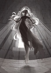 Rule 34 | 1girl, absurdres, assertive female, backlighting, bare shoulders, barefoot, beckoning, breasts, crown, dress, feet, floating, floating hair, full body, giant, giantess, glowing, greyscale, hand up, highres, indoors, levitation, long hair, looking at viewer, looking down, medium breasts, monochrome, outstretched arm, outstretched hand, princess, princess (slay the princess), reaching, reaching towards viewer, slay the princess, smile, solo, stained glass, sunlight, tall female, the tower (slay the princess), tiara, toes, very long hair, window