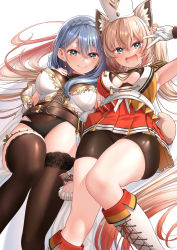 Rule 34 | 2girls, animal ear fluff, animal ears, armpits, belt, bike shorts under skirt, black shorts, black socks, boots, breasts, brown belt, character request, closed mouth, copyright request, earrings, feet out of frame, from below, gloves, green eyes, hair between eyes, hat, highres, holding hands, jewelry, knee boots, knee up, kneehighs, light brown hair, looking at viewer, multiple girls, open mouth, pleated skirt, red skirt, shorts, silver hair, simple background, skirt, smile, socks, thighhighs, thighs, tokunou shoutarou, v, virtual youtuber, white background, white footwear, white gloves, white headwear