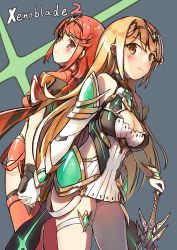 Rule 34 | 2girls, armor, blonde hair, blush, breasts, cleavage, dress, earrings, fingerless gloves, gloves, hair ornament, highres, jewelry, large breasts, long hair, looking at viewer, multiple girls, mythra (xenoblade), nintendo, pyra (xenoblade), red eyes, red hair, short hair, shorts, sidelocks, simple background, smile, sword, tiara, touken, weapon, white background, xenoblade chronicles (series), xenoblade chronicles 2, yellow eyes