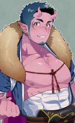 Rule 34 | 1boy, bandages, bara, bare pectorals, collarbone, colored skin, covered abs, demon boy, demon horns, earrings, facial hair, goatee, horns, japanese clothes, jewelry, kimono, kiri futoshi, large pectorals, male focus, midriff sarashi, monster boy, muscular, muscular male, nipples, open clothes, open kimono, original, pectorals, pointy ears, red eyes, red skin, sarashi, scar, scar across eye, scar on face, scar on nose, short hair, sideburns, smile, solo, stubble, upper body