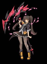 Rule 34 | absurdres, ascot, black background, black hair, black skirt, frilled skirt, frills, hair tie, highres, jacket, lily bloomerchen, miniskirt, official art, pantyhose, pleated skirt, red eyes, scythe, shirt, simple background, skirt, soulworker, torn clothes, torn pantyhose, twintails, white shirt, yellow ascot, yellow footwear