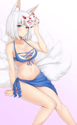 Rule 34 | 1girl, absurdres, animal ears, azur lane, bare shoulders, bikini, blue bikini, blue eyes, breasts, cleavage, commentary request, fox ears, fox mask, fox tail, highres, holding, holding mask, hosh, kaga (azur lane), kaga (everlasting killing stone) (azur lane), large breasts, looking at viewer, mask, short hair, simple background, swimsuit, tail, white background, white hair