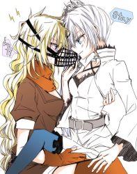 Rule 34 | 2girls, bad id, bad twitter id, barking, blonde hair, blue eyes, breasts, cleavage, commentary request, domination, english text, hair ornament, mask, monokuro (sekahate), multiple girls, purple eyes, rwby, scar, scar across eye, scar on face, sitting, weiss schnee, white hair, yang xiao long, yuri