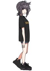 Rule 34 | 1girl, alternate costume, black footwear, black hair, black shirt, blue shorts, full body, grey eyes, hair flaps, hatsuzuki (kancolle), highres, kantai collection, looking at viewer, parted lips, sayuwan, shirt, shoes, short sleeves, shorts, simple background, sneakers, solo, standing, t-shirt, tachi-e, white background