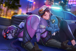 Rule 34 | 1futa, 1girl, all fours, anus, arms behind back, ass, black pants, blue necktie, blue shirt, bodysuit, breasts, brown eyes, brown hair, car, censored, city, clenched teeth, colored skin, commentary, d.va (overwatch), english commentary, exlic, fingering, full-package futanari, futa with female, futanari, gloves, has uncensored version, high heels, long hair, medium breasts, mosaic censoring, motor vehicle, multiple girls, necktie, night, officer d.va, one eye closed, orange eyes, outdoors, overwatch, overwatch 1, pants, patreon username, penis, police car, ponytail, purple hair, purple skin, pussy, pussy juice, saliva, saliva trail, shirt, sitting, teeth, testicles, torn bodysuit, torn clothes, trembling, tucked penis, white gloves, widowmaker (overwatch)