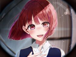 Rule 34 | 1girl, arima kana, blue vest, blurry, blurry background, blush, bob cut, chromatic aberration, collared shirt, commentary request, crying, crying with eyes open, fisheye, hair between eyes, highres, lens flare, looking at viewer, nose blush, open mouth, oshi no ko, pov peephole, red eyes, red hair, shirt, short hair, signature, solo, tears, teeth, upper body, upper teeth only, variant set, vest, white shirt, yoitsuki nema