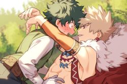 Rule 34 | 07-06, 2boys, abs, bakugou katsuki, blonde hair, blurry, blurry background, blush, boku no hero academia, cape, depth of field, detached sleeves, earrings, freckles, fur collar, gloves, green hair, green vest, jewelry, looking at another, male focus, midoriya izuku, multiple boys, multiple necklaces, open mouth, outdoors, red cape, red eyes, shirt, spiked hair, sweatdrop, vest, white gloves, white shirt, yaoi